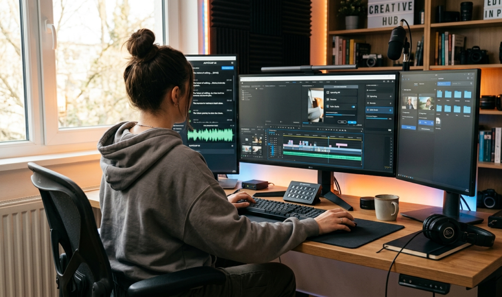 Faceless content creator editing videos using AI tools