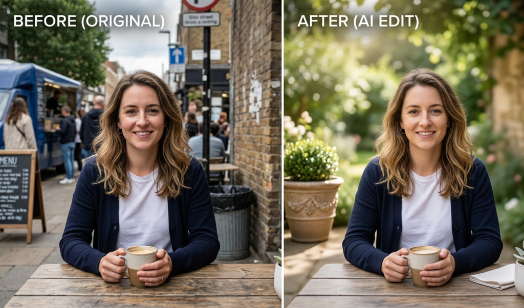 Before and after image editing comparison using AI