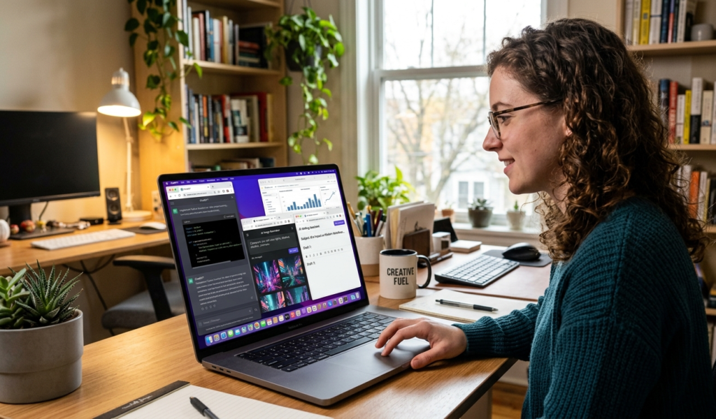 A person working on a laptop with multiple AI tools on screen