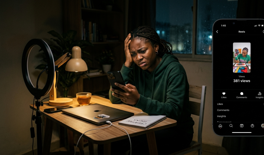 African content creator looking frustrated at low views on Instagram Reels at night