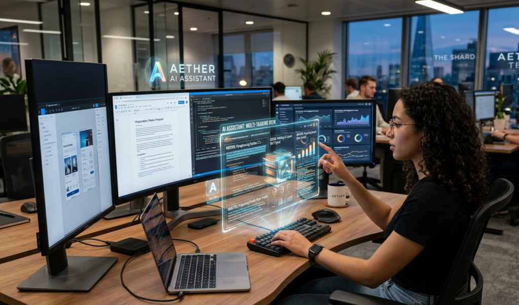 A modern workspace where a person is working with an AI hologram assisting in writing, designing, and analyzing data on multiple screens for future AI innovations