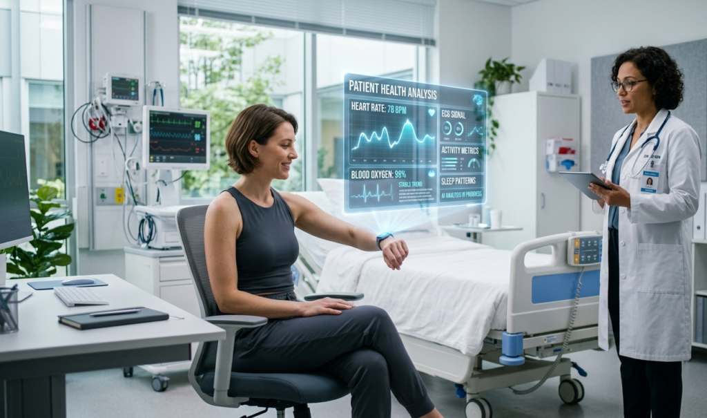 A patient wearing a smart wearable device while an AI hologram analyzes health data and heart rate in a clean hospital environment