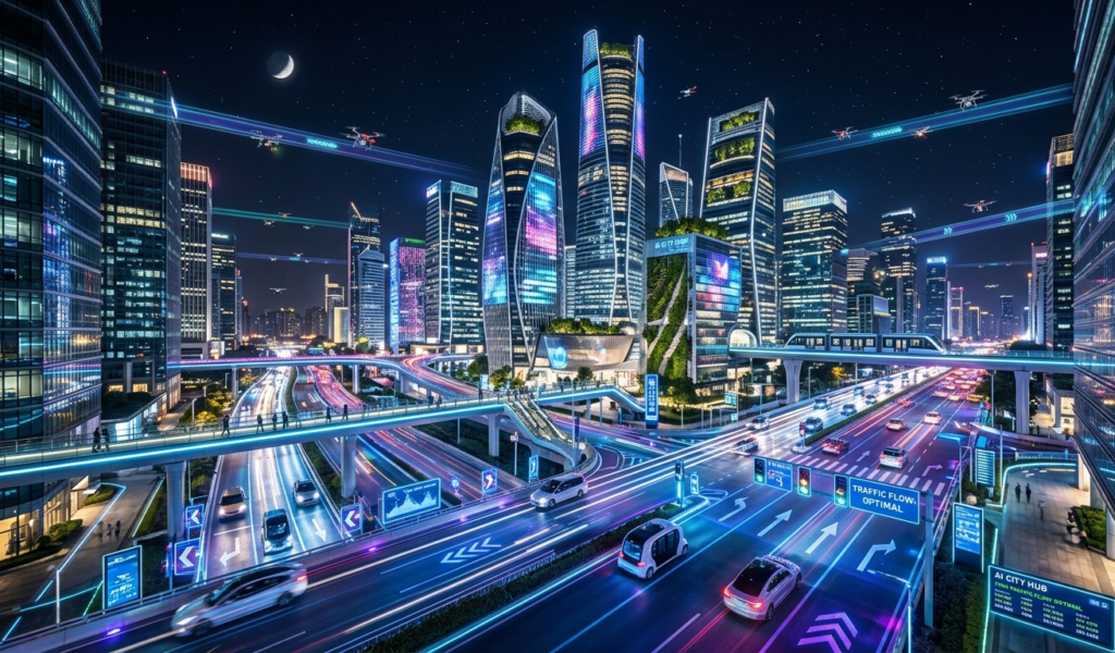 A futuristic AI-powered smart city with automated traffic, drones, and self-driving cars