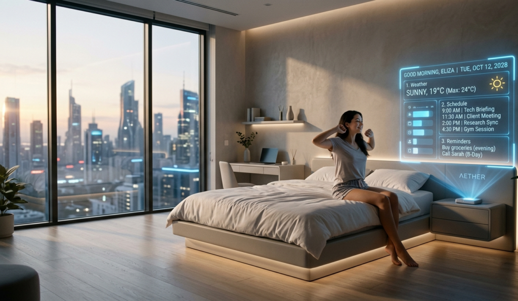 Person waking up with the help of a futuristic AI assistant showing daily schedule and reminders