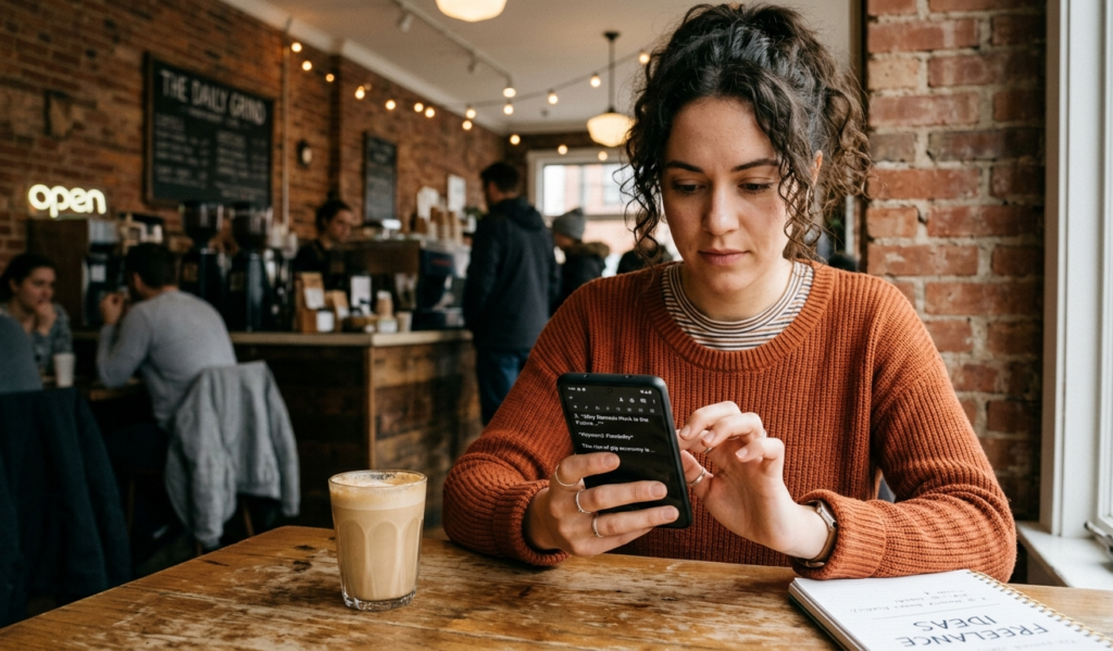 Person typing on a smartphone creating freelance writing content