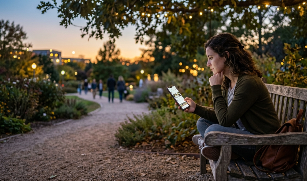 Calm evening outdoor scene with someone thinking while scrolling their phone