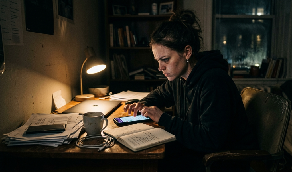 Person working on phone in a dimly lit room, showing struggle and determination