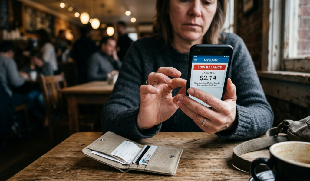 Close-up of hands holding a phone showing low balance or empty wallet feeling