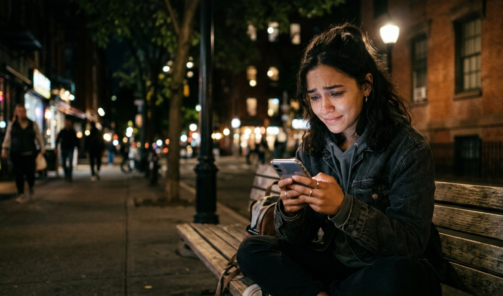 A young person sitting outside at night using a smartphone with a worried but hopeful expression for Side Hustles You Can Start Today