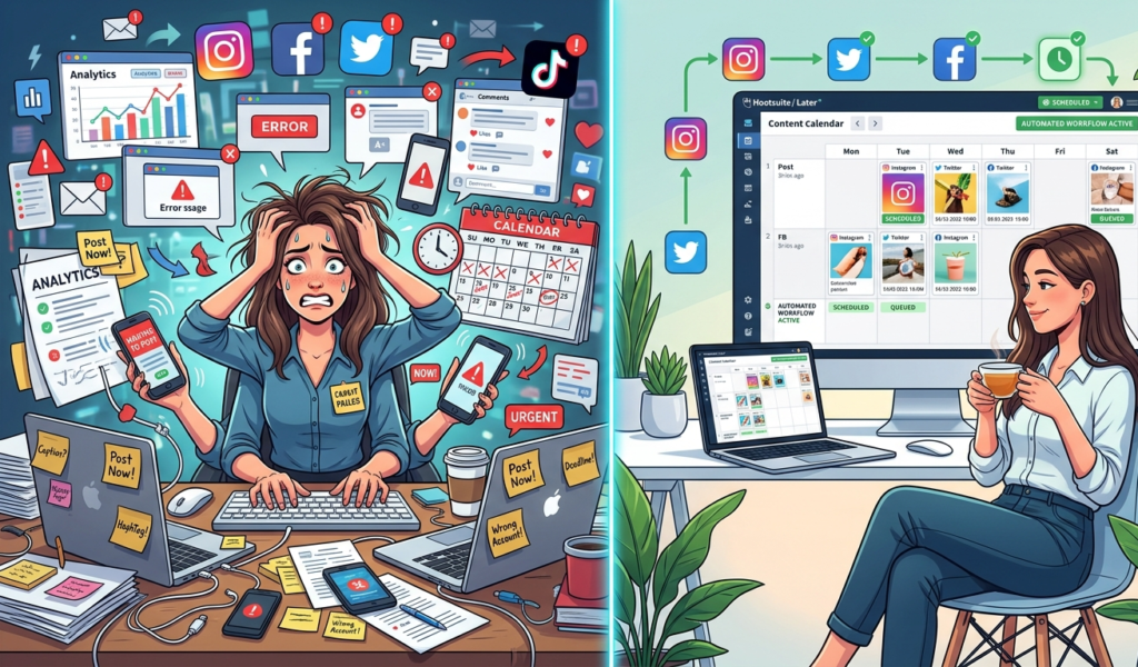 Before and after comparison of using social media automation tools for content creation workflow