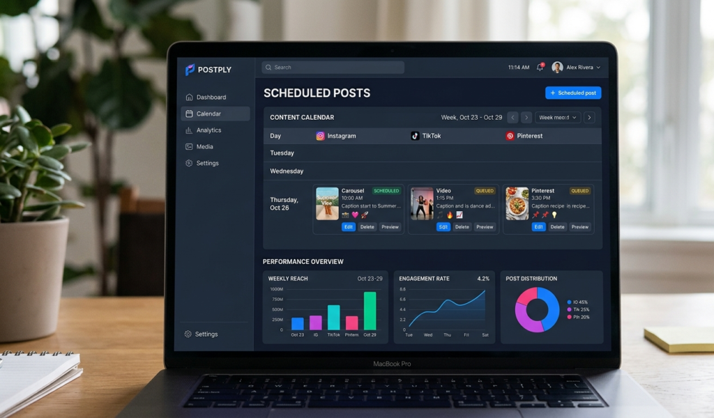 Dashboard showing social media automation tools managing multiple scheduled posts across platforms