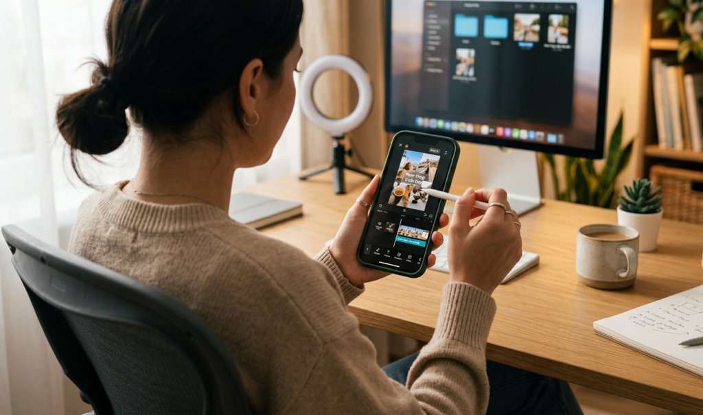 Person using smartphone to create short videos or slideshows, no face shown, editing content on phone, modern setup, soft lighting