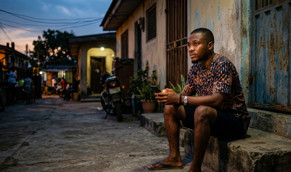 A young Nigerian man sitting outside in the evening holding a smartphone, looking thoughtful, low light environment, realistic setting, modest background, emotional storytelling mood