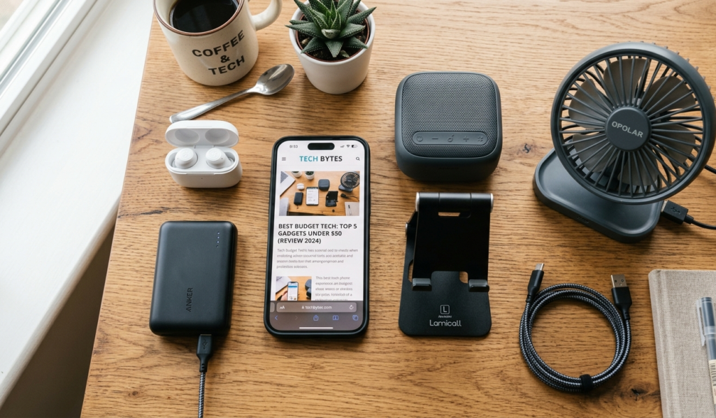 Affordable tech gadgets under $50 including power bank, earbuds, and phone accessories arranged on a modern desk