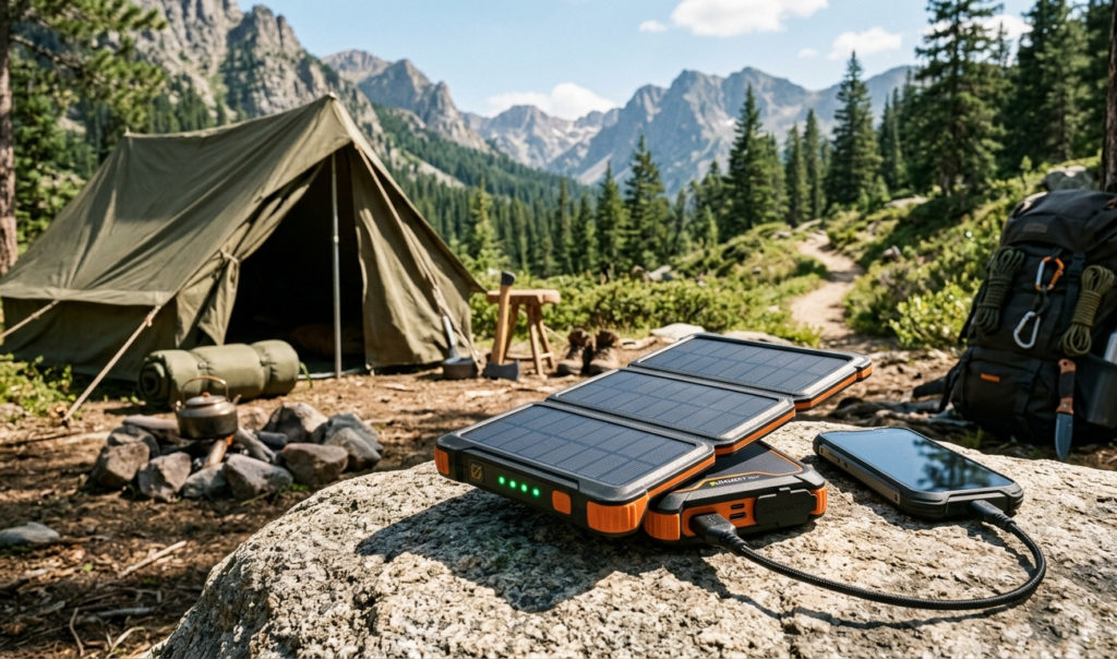 Solar power bank charging under sunlight outdoors