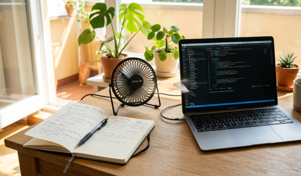 USB mini fan cooling a workspace beside a laptop