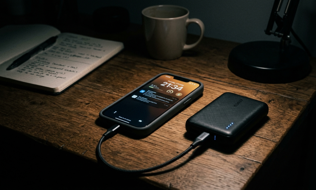 Mini power bank charging a smartphone during a power outage on a desk