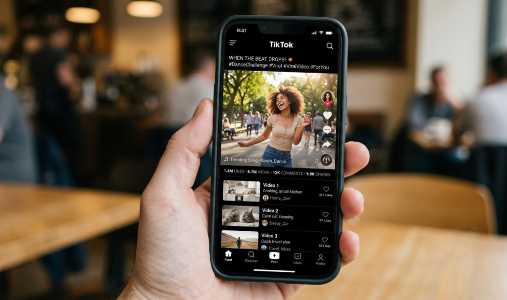 Phone screen showing TikTok/YouTube Shorts/Reels feed with one video going viral while others stay low