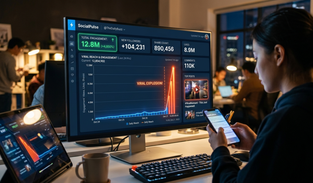 Social media dashboard showing sudden viral spike graph going upward dramatically