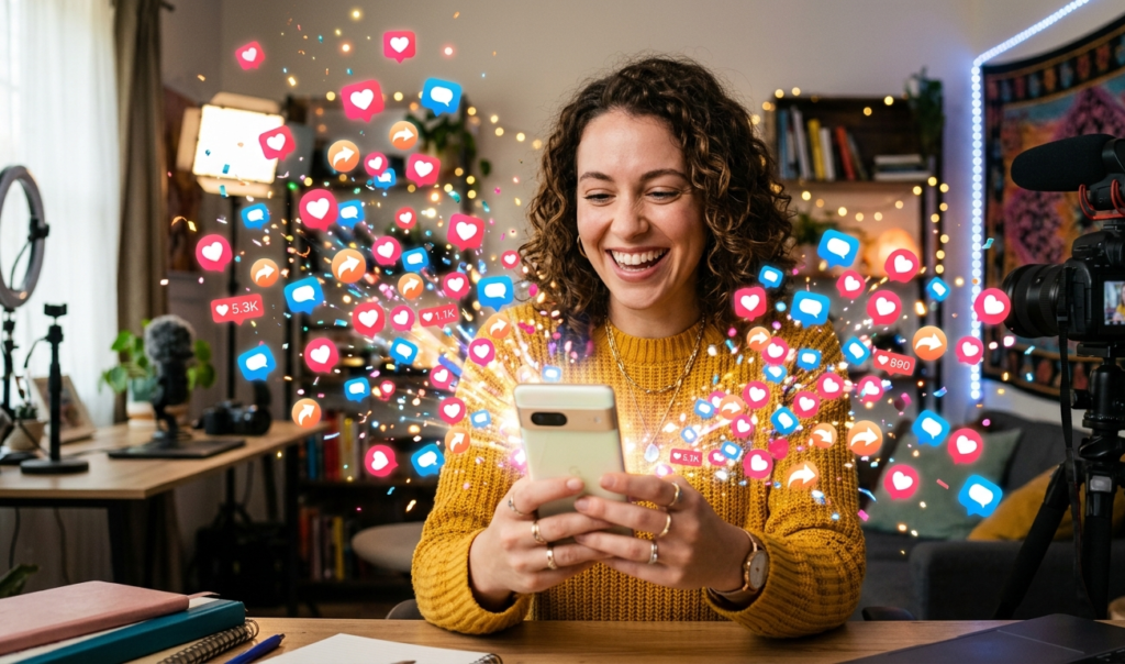 Creator holding phone with exploding notification icons (likes, shares, comments)