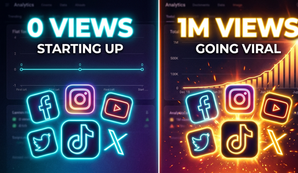 Split screen: left side “0 views”, right side “1M views” with glowing social media icons