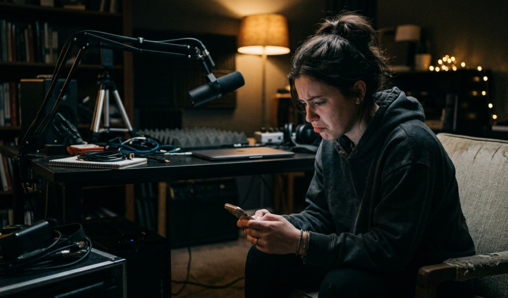 A young creator sitting in a dim room, looking frustrated at phone showing low views, cinematic lighting, emotional mood on how to make short videos go viral