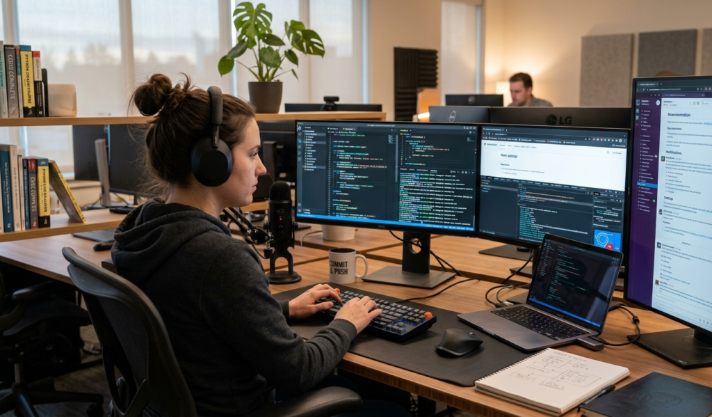 Software developer working on coding projects in a modern workspace