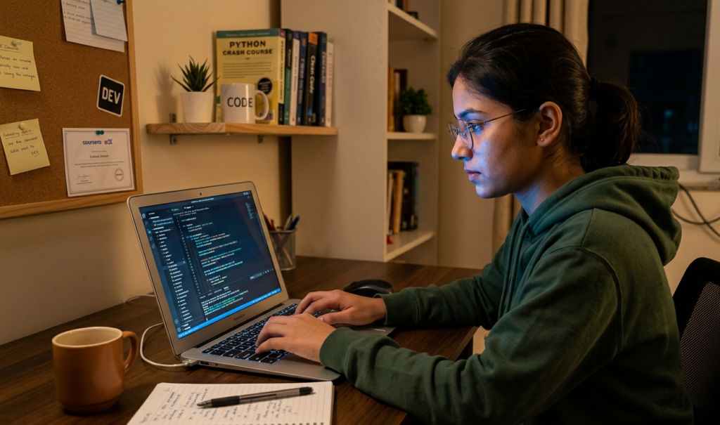 Student learning high-demand tech skills through online coding course