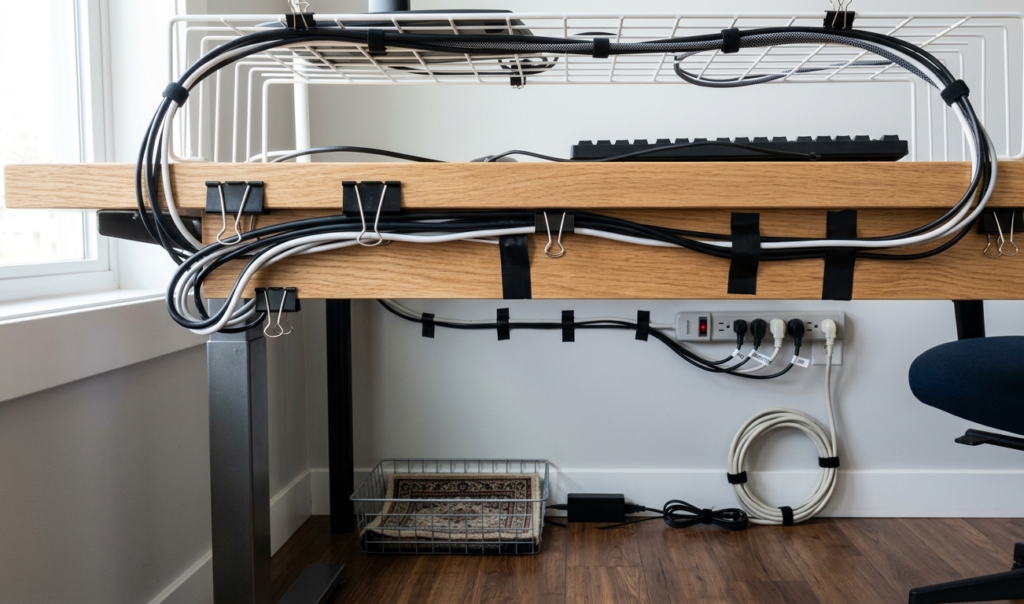 Under-desk view showing cables neatly arranged using binder clips and tape, clean and organized workspace setup to improve your home office