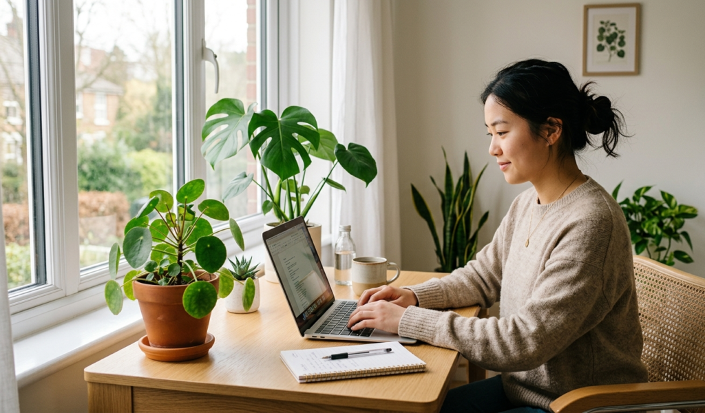 A young person working calmly at a clean desk with plants, soft light from window, minimal clutter, focused and peaceful mood