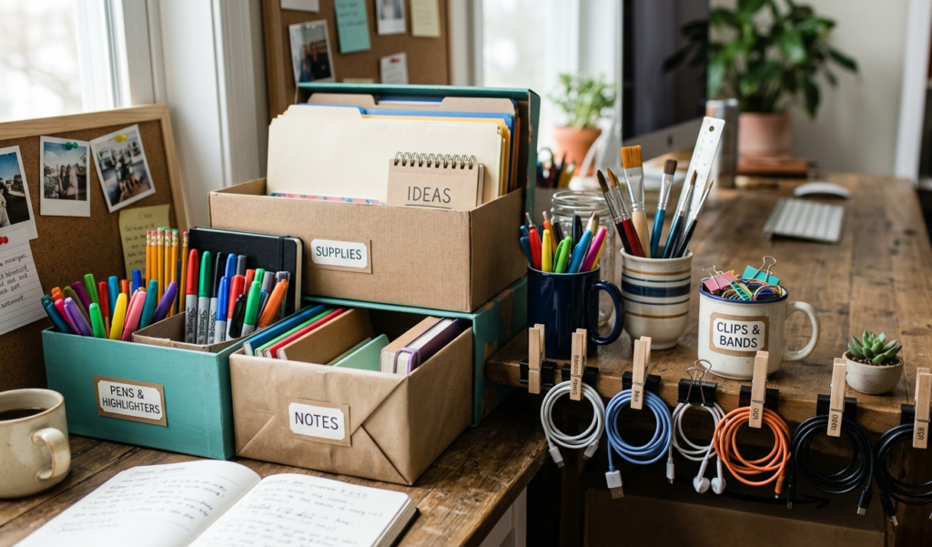 Close-up of a desk with DIY organizers made from shoeboxes, cups, and clips holding stationery and cables neatly arranged