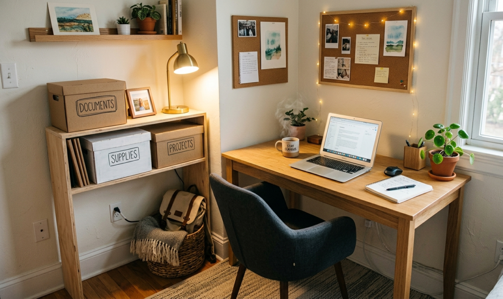 A simple home office setup in a small room corner, wooden desk, laptop, DIY storage boxes, cozy lighting, realistic and modern aesthetic