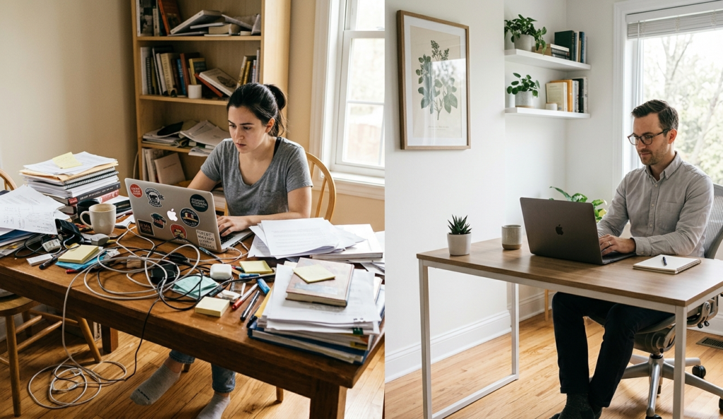 A split-screen image showing a messy home desk on the left and a clean, organized, minimalist home office on the right, soft natural lighting, realistic style”