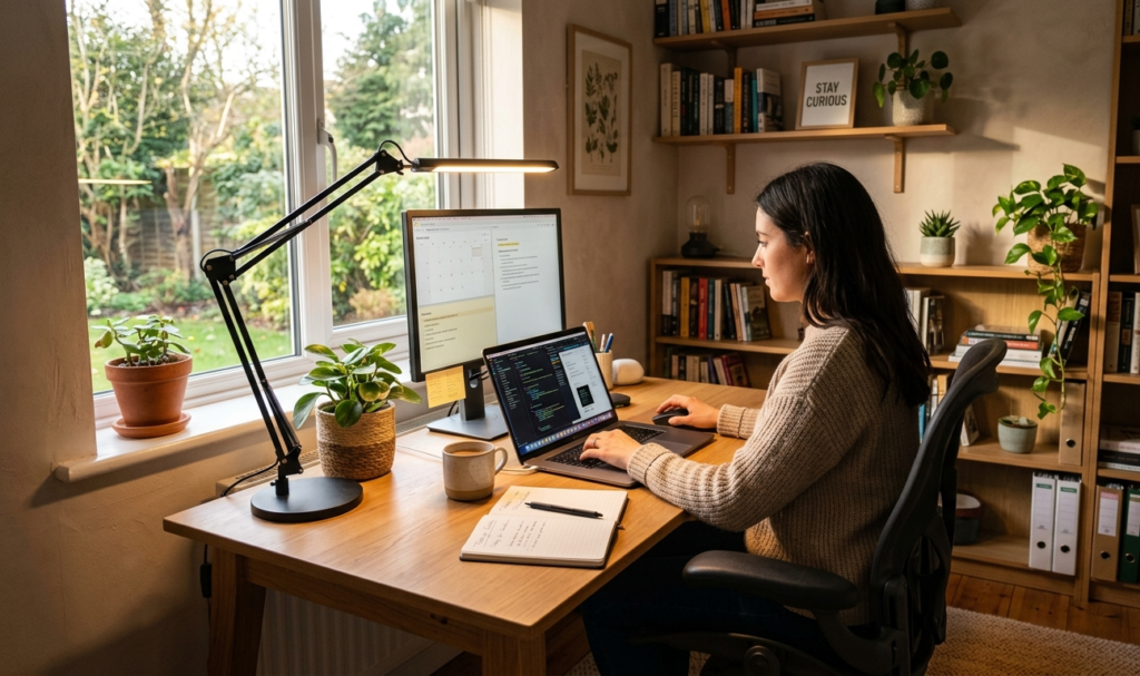 A warm-lit home office with LED desk lamp, natural light from window, cozy and productive atmosphere