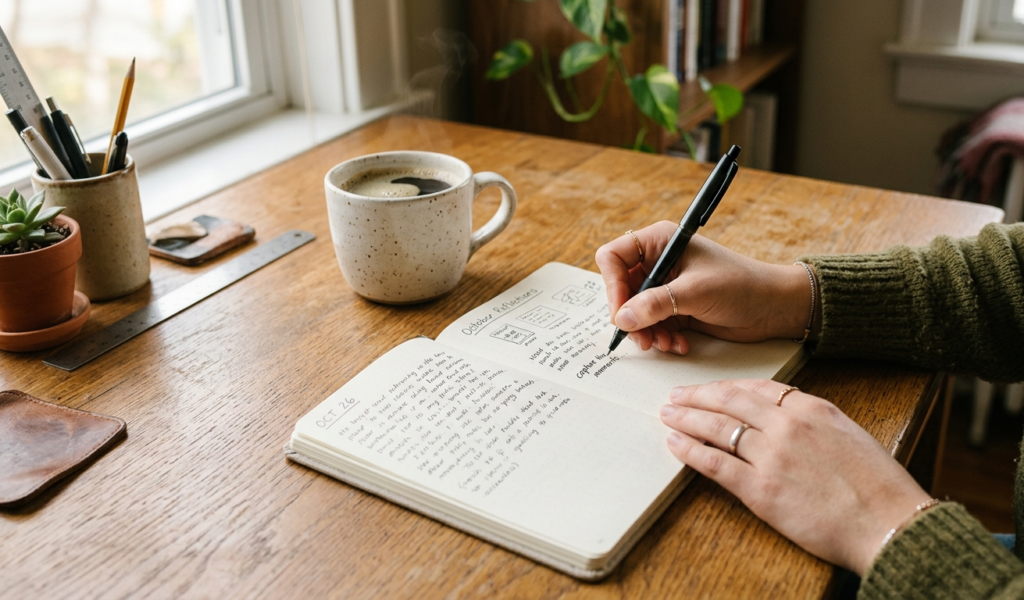 Writing thoughts in a journal as a way to reduce stress and clear the mind as one of the simple ways to reduce stress