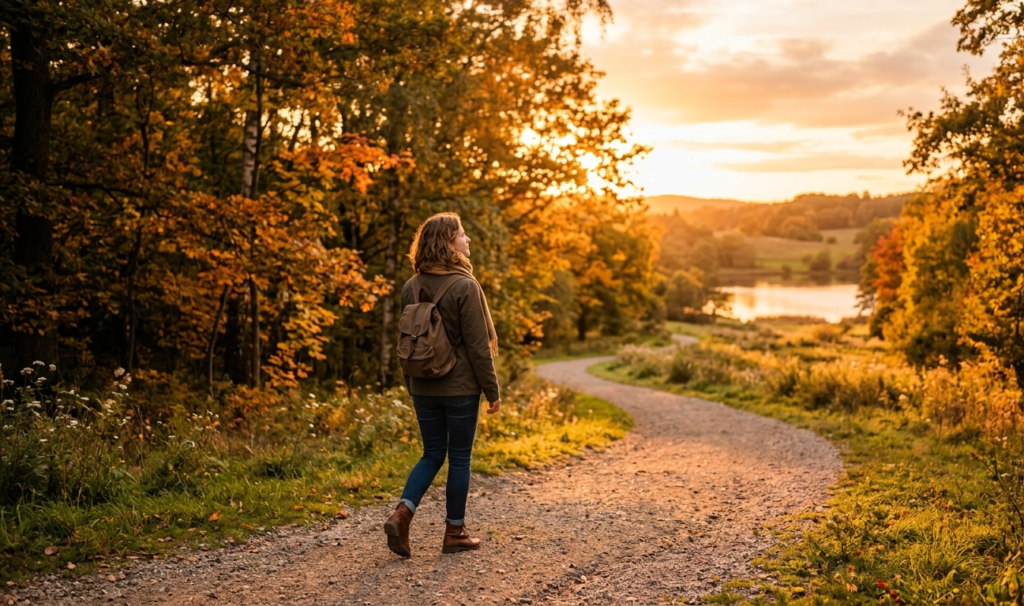 Person walking in a park at sunset as a simple way to relieve stress.