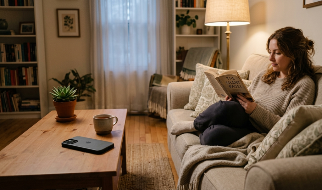 Person taking a break from phone use and relaxing with a book to reduce stress.