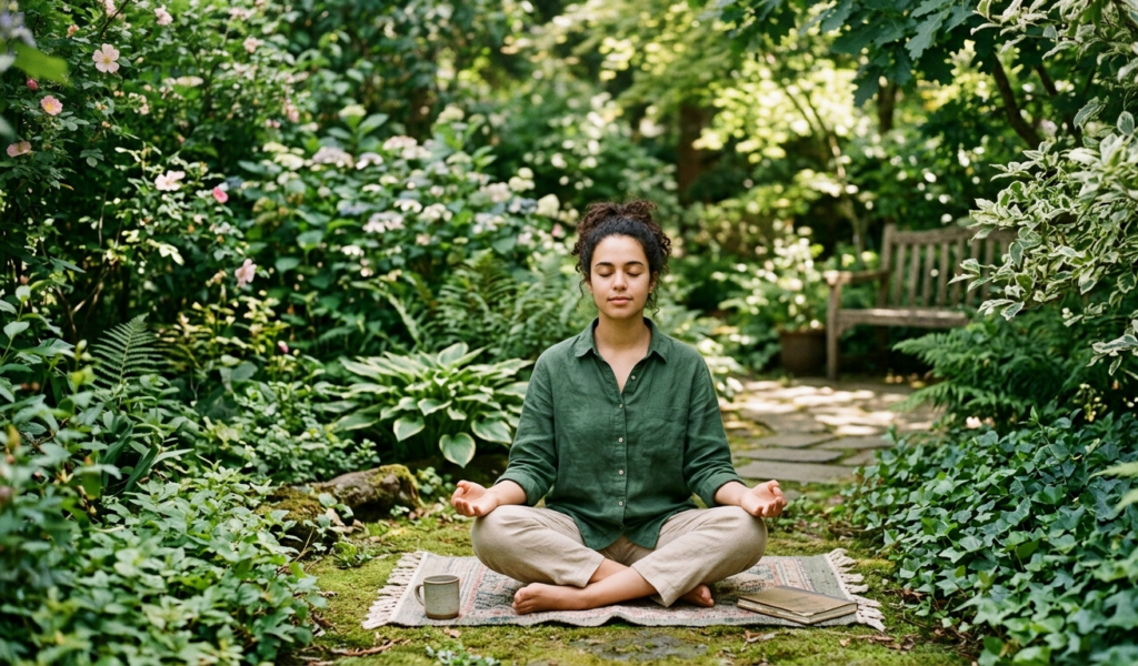 Person practicing deep breathing meditation in a calm natural garden setting.