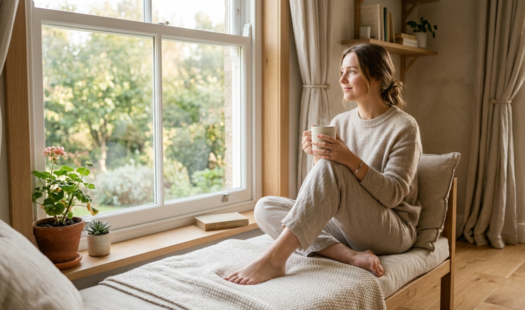 Person starting the day calmly by sitting near a window with tea in soft morning light.