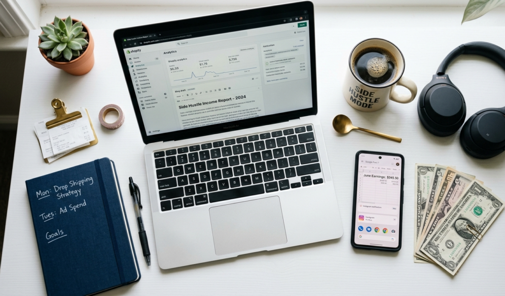 Modern freelancer workspace with laptop and desk accessories.