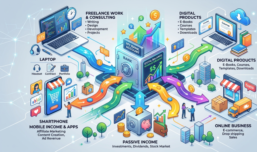 Visual representation of multiple income streams and financial independence.