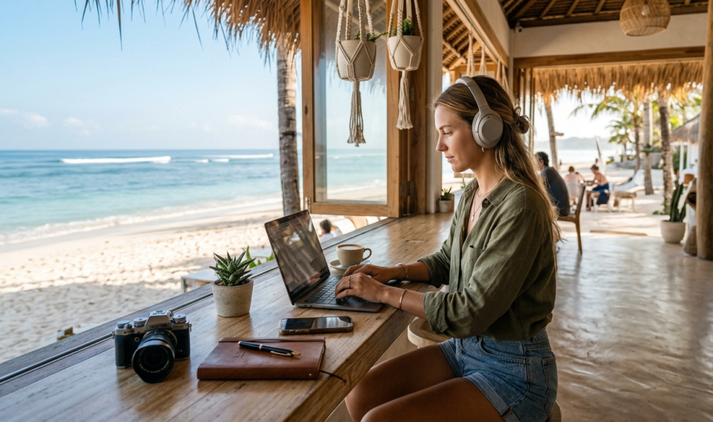 Entrepreneur enjoying financial freedom while working remotely.