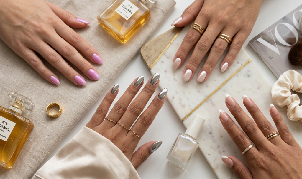 Soft aura nails with blended pink and orange gradient colors.