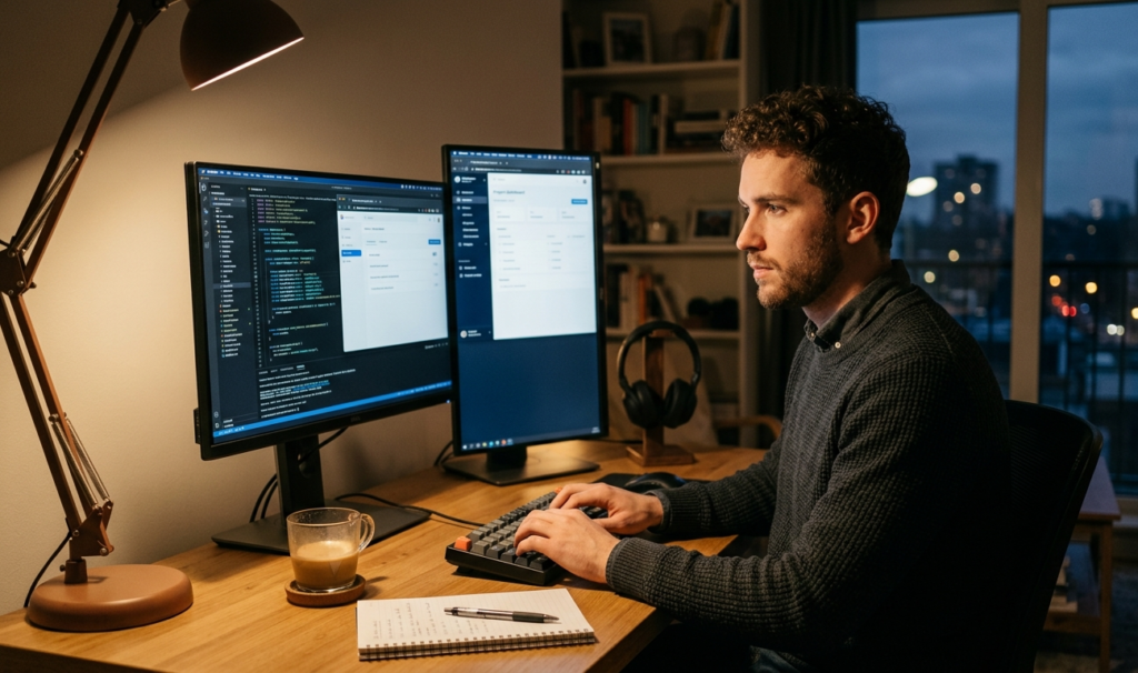 Individual working on a side hustle to make money on their own.