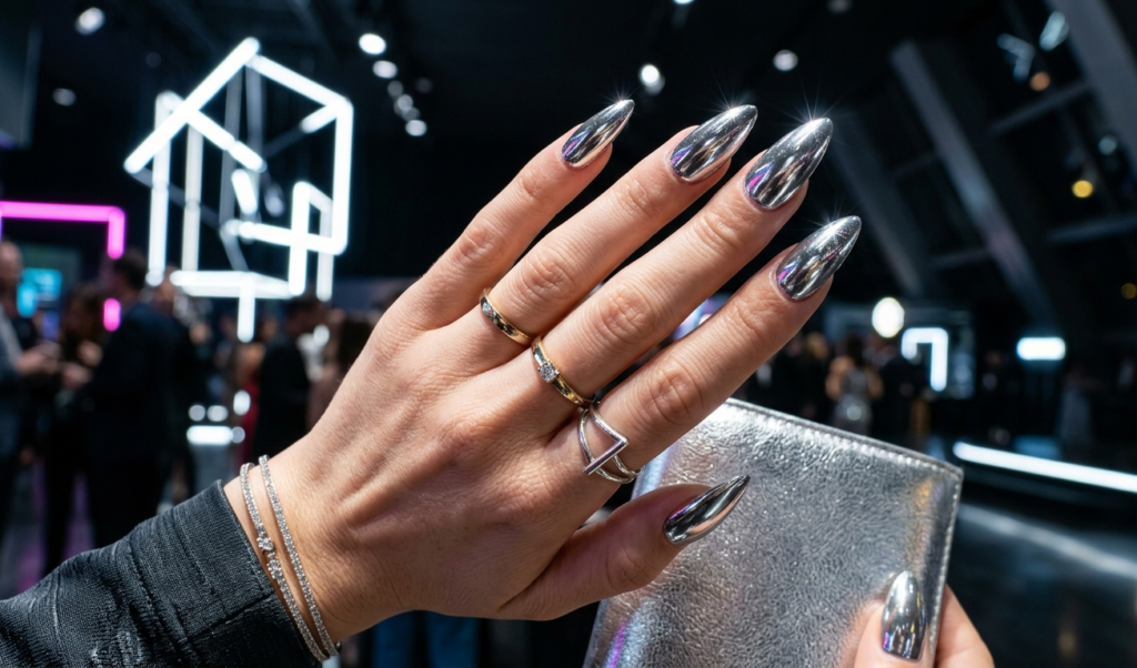 Dark green cat eye nails with a magnetic shimmering effect.