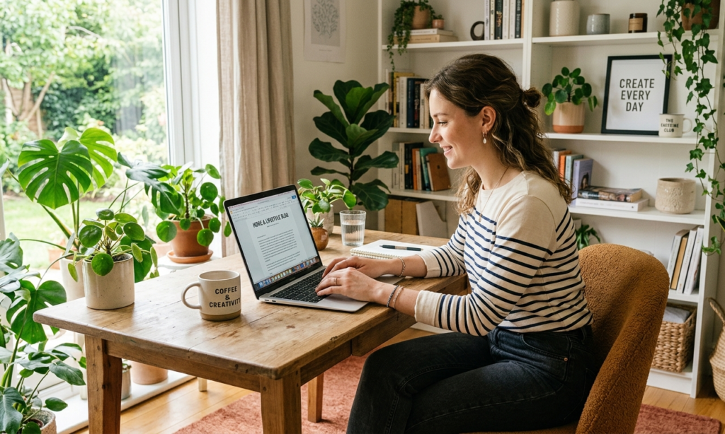 Female blogger creating content from a home office.