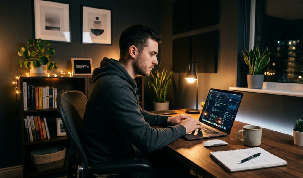 Man working online late at night from his home office to earn