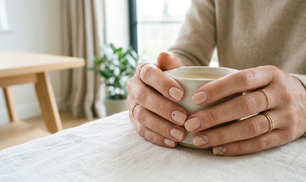 Minimalist nude nails with subtle nail art and glossy finish.
