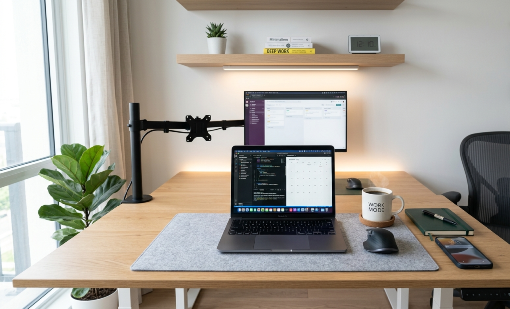Flat lay of online side hustle tools on a desk.