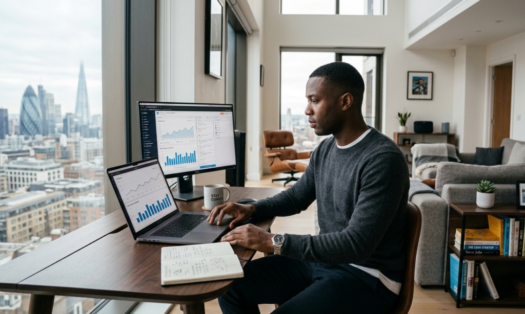 Young entrepreneur managing an online business from home.